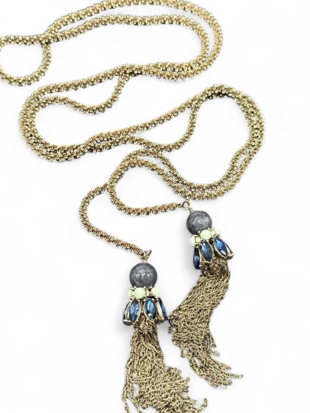 Vintage Gold Long Tassel Lariat Necklace with Blue and Gray Accents N321